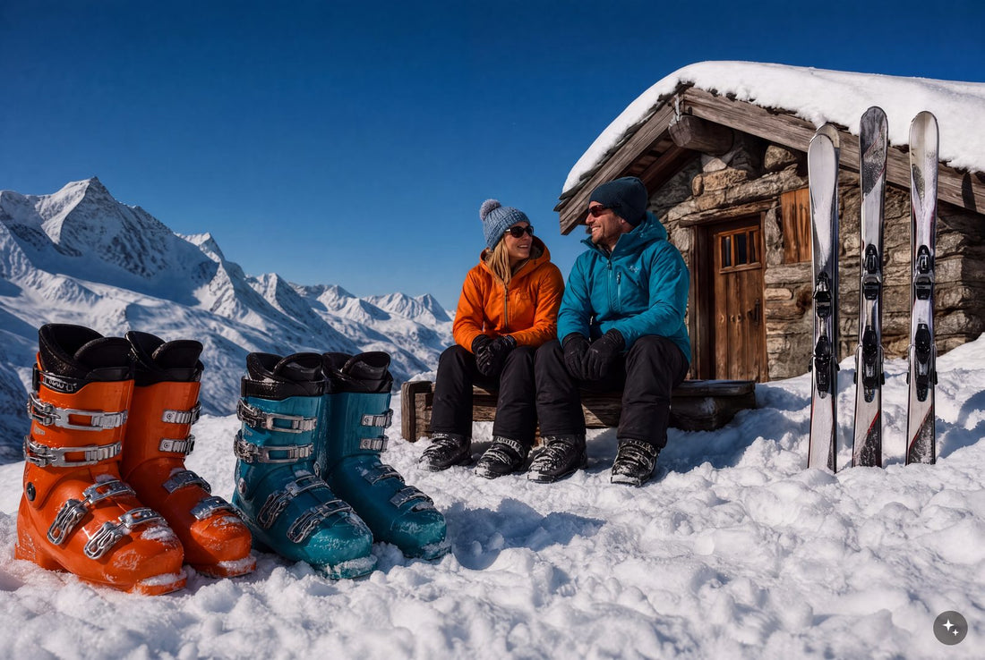 Zwei Paar nasse Skischuhe im Schnee vor einer Skihütte, dahinter ein Paar auf einer Bank — Bild mit KI erstellt