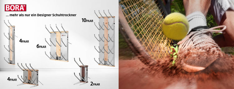 Alle Bora Modelle die in verschiedenen Größen und Optiken erhältlich sind. Auf der rechten Seite des Banners sieht man eine Person bzw. eine Nahaufnahme beim Tennis spielen.