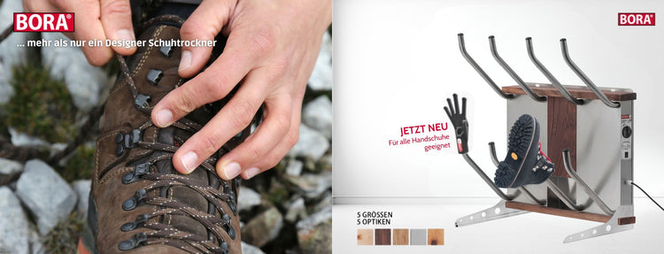 Bora 4 breit der in verschiedenen Größen und Optiken erhältlich ist. Auf der linken Seite des Banners sieht man jemanden der gerade die Schnürsenkel eines Wanderschuhs zubindet.