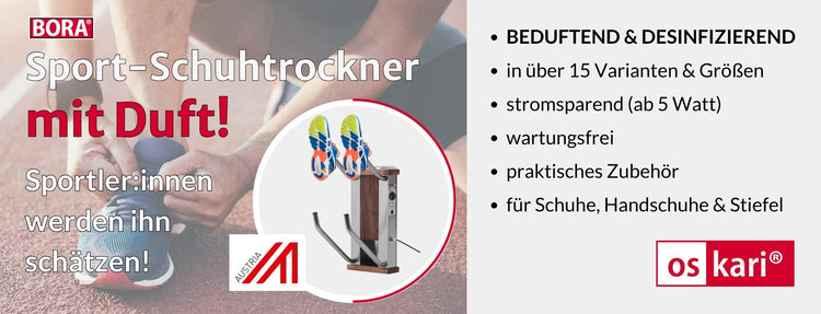Sport-Schuhtrockner mit Duft! Im Hintergrund ist jemand der seine Laufschuhe schnürt.

Beduftend & Desinfizierend, in über 15 Varianten & Größen, stromsparend (ab 5 Watt), wartungsfrei, praktisches Zubehör und geeignet für Schuhe, Handschuhe & Stiefel.