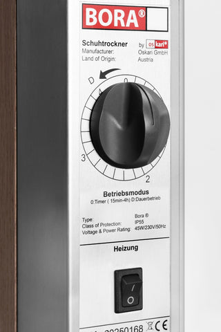 Bora mit Schalter und Uhr für die Wahl von Betriebszeit sowie mit oder ohne Heizung.