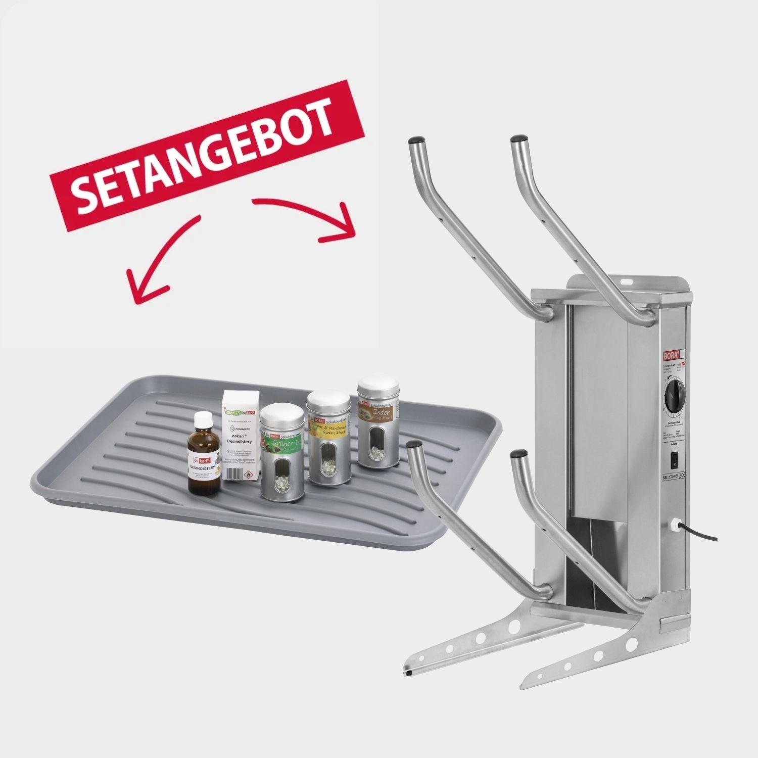 oskari BORA® 2 mit einer Abtropftasse, einem Desindistery und 3 Stück Aromadosen: Zeder, Zitrone-Mandarine, Grüner Tee - Elektrischer Schuhtrockner für 2 Paar Schuhe - OSKARI mit Warmluft für Stiefel, Schuhe, Skischuhe, Fußballschuhe