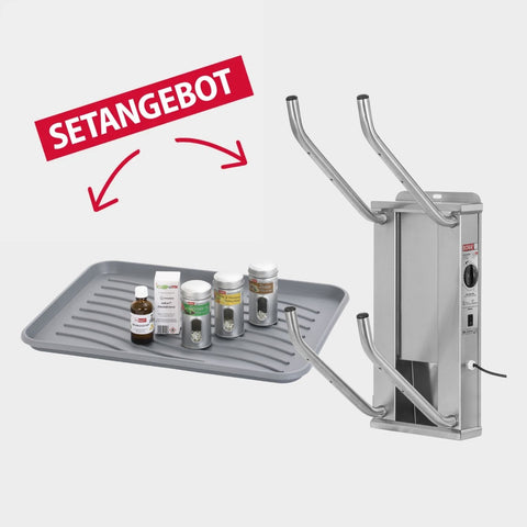 oskari BORA® 2 mit einer Abtropftasse, einem Desindistery und 3 Stück Aromadosen: Zeder, Zitrone-Mandarine, Grüner Tee - Elektrischer Schuhtrockner für 2 Paar Schuhe - OSKARI mit Warmluft für Stiefel, Schuhe, Skischuhe, Fußballschuhe