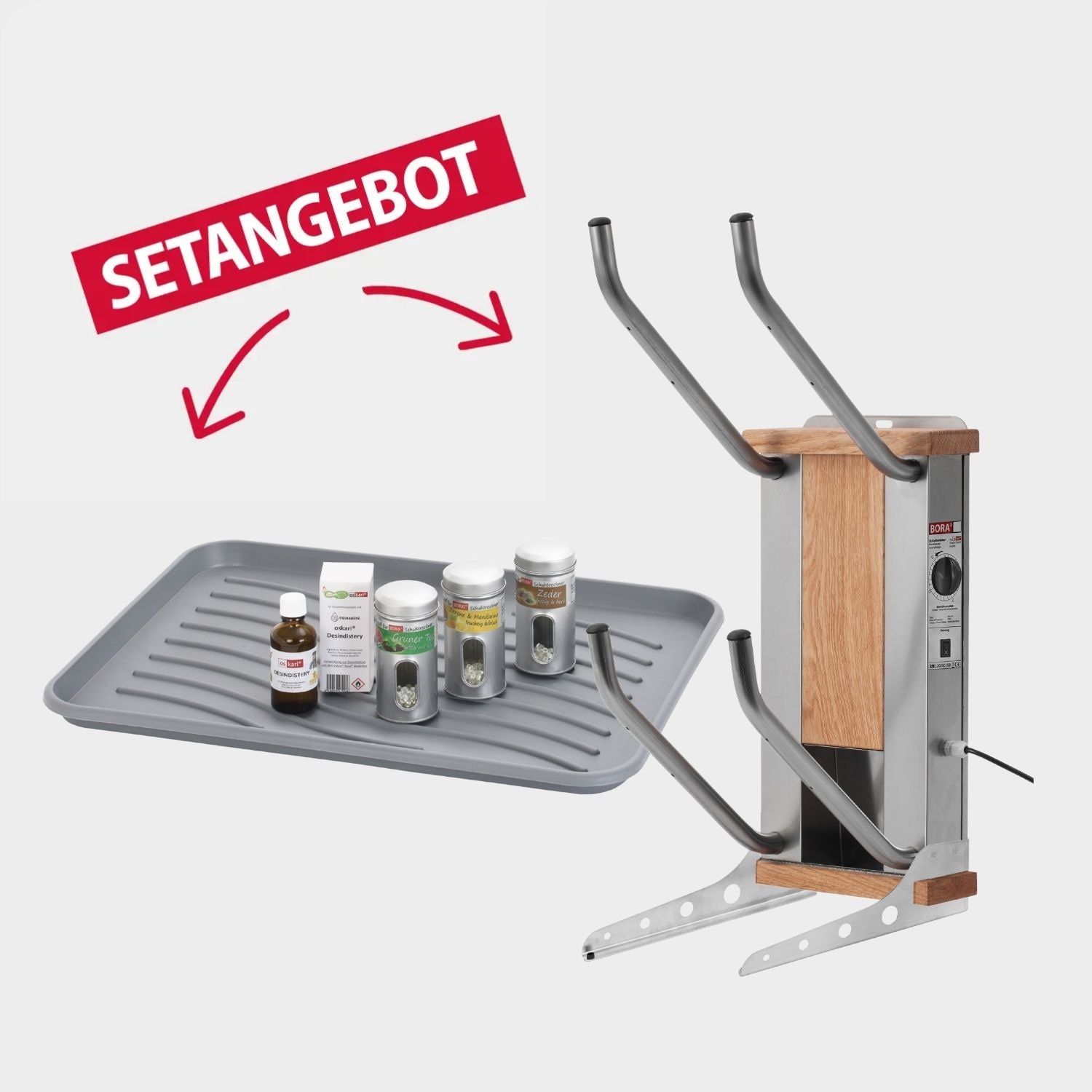 oskari BORA® 2 mit einer Abtropftasse, einem Desindistery und 3 Stück Aromadosen: Zeder, Zitrone-Mandarine, Grüner Tee - Elektrischer Schuhtrockner für 2 Paar Schuhe - OSKARI mit Warmluft für Stiefel, Schuhe, Skischuhe, Fußballschuhe