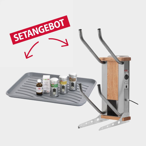 oskari BORA® 2 mit einer Abtropftasse, einem Desindistery und 3 Stück Aromadosen: Zeder, Zitrone-Mandarine, Grüner Tee - Elektrischer Schuhtrockner für 2 Paar Schuhe - OSKARI mit Warmluft für Stiefel, Schuhe, Skischuhe, Fußballschuhe