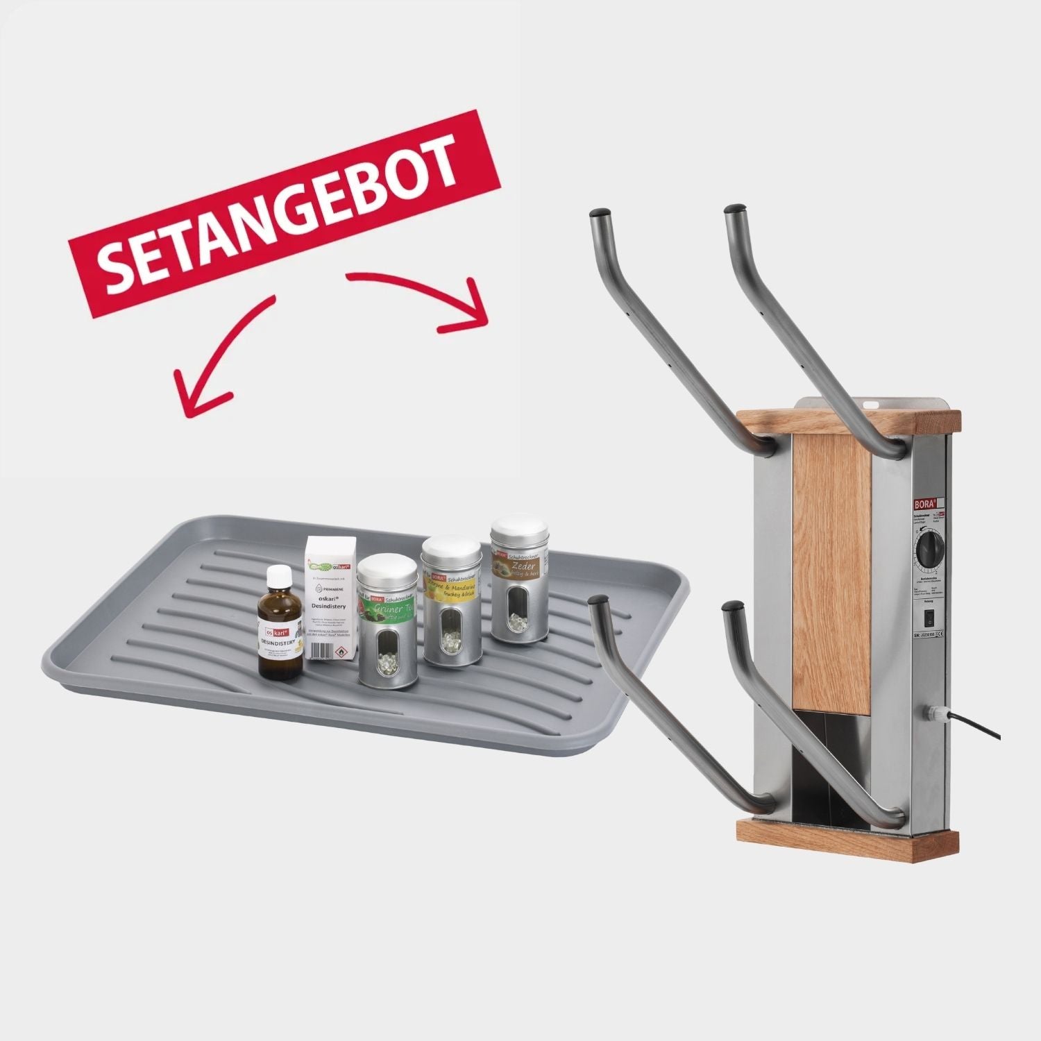 oskari BORA® 2 mit einer Abtropftasse, einem Desindistery und 3 Stück Aromadosen: Zeder, Zitrone-Mandarine, Grüner Tee - Elektrischer Schuhtrockner für 2 Paar Schuhe - OSKARI mit Warmluft für Stiefel, Schuhe, Skischuhe, Fußballschuhe