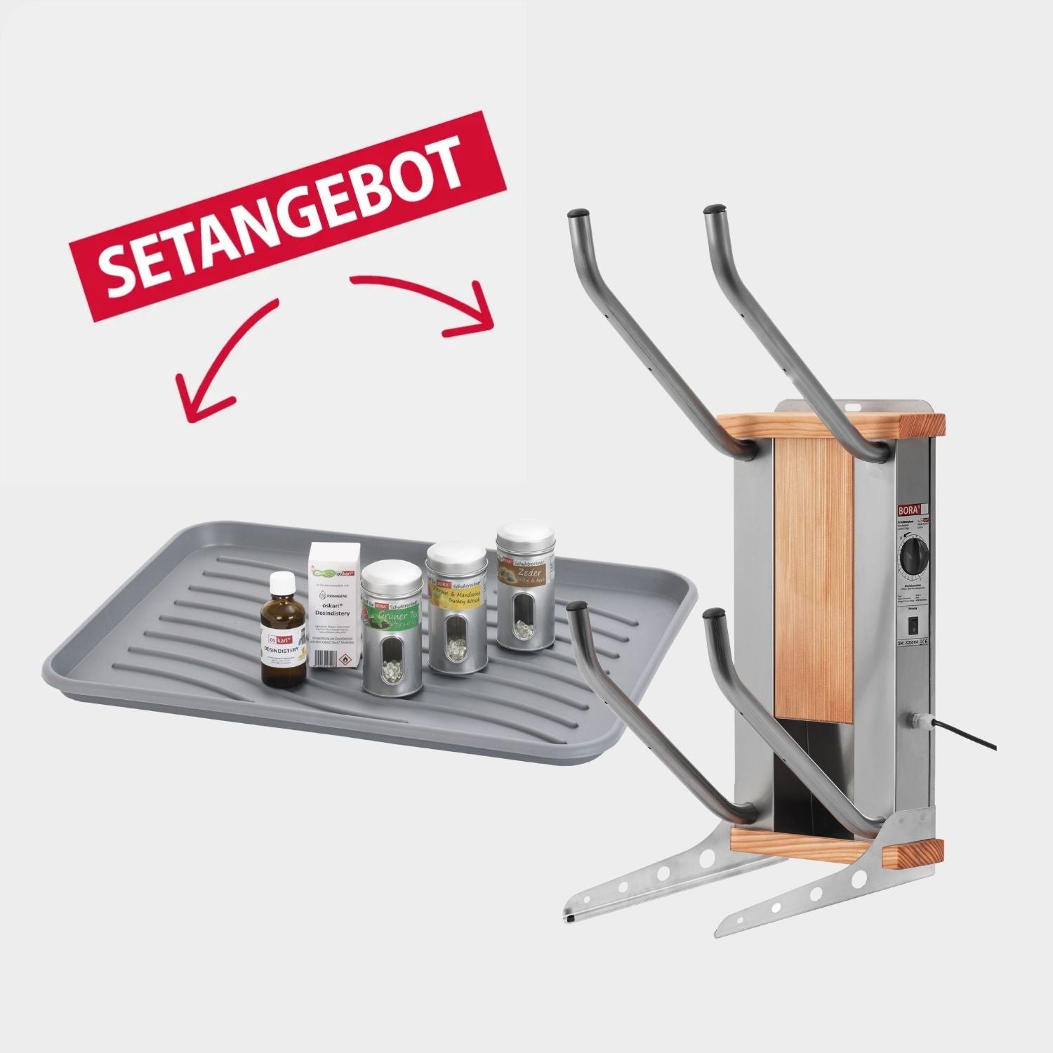 oskari BORA® 2 mit einer Abtropftasse, einem Desindistery und 3 Stück Aromadosen: Zeder, Zitrone-Mandarine, Grüner Tee - Elektrischer Schuhtrockner für 2 Paar Schuhe - OSKARI mit Warmluft für Stiefel, Schuhe, Skischuhe, Fußballschuhe