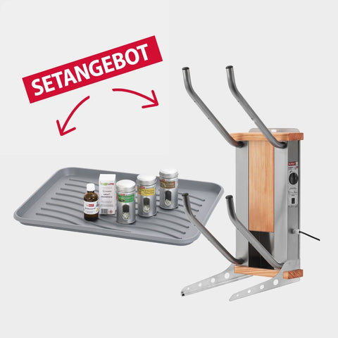 oskari BORA® 2 mit einer Abtropftasse, einem Desindistery und 3 Stück Aromadosen: Zeder, Zitrone-Mandarine, Grüner Tee - Elektrischer Schuhtrockner für 2 Paar Schuhe - OSKARI mit Warmluft für Stiefel, Schuhe, Skischuhe, Fußballschuhe