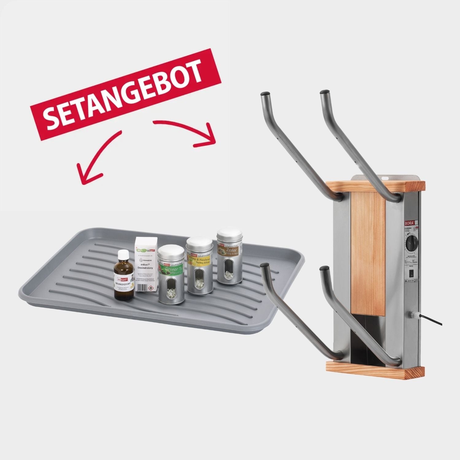 oskari BORA® 2 mit einer Abtropftasse, einem Desindistery und 3 Stück Aromadosen: Zeder, Zitrone-Mandarine, Grüner Tee - Elektrischer Schuhtrockner für 2 Paar Schuhe - OSKARI mit Warmluft für Stiefel, Schuhe, Skischuhe, Fußballschuhe