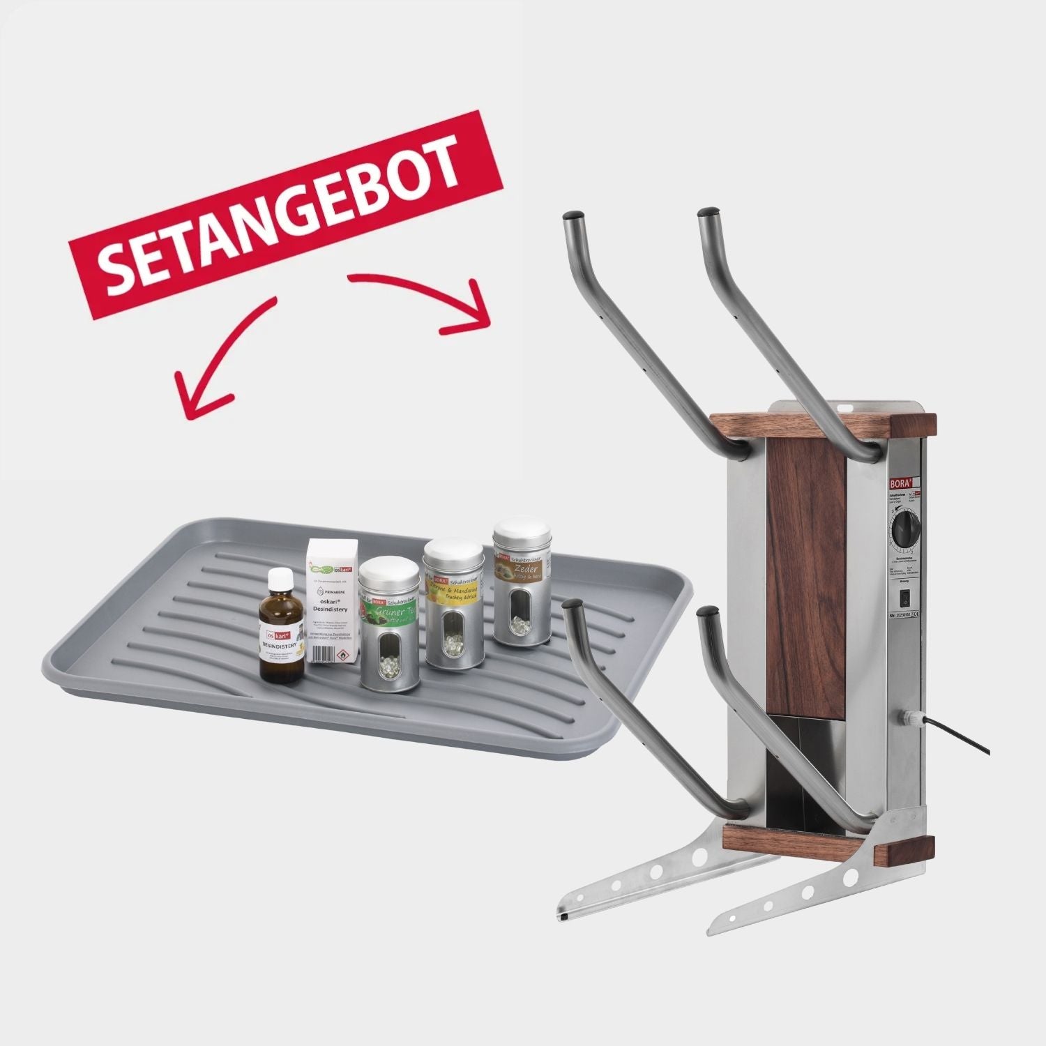 oskari BORA® 2 mit einer Abtropftasse, einem Desindistery und 3 Stück Aromadosen: Zeder, Zitrone-Mandarine, Grüner Tee - Elektrischer Schuhtrockner für 2 Paar Schuhe - OSKARI mit Warmluft für Stiefel, Schuhe, Skischuhe, Fußballschuhe