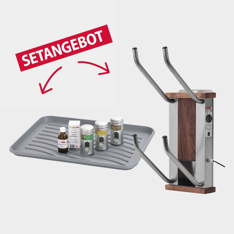 oskari BORA® 2 mit einer Abtropftasse, einem Desindistery und 3 Stück Aromadosen: Zeder, Zitrone-Mandarine, Grüner Tee - Elektrischer Schuhtrockner für 2 Paar Schuhe - OSKARI mit Warmluft für Stiefel, Schuhe, Skischuhe, Fußballschuhe