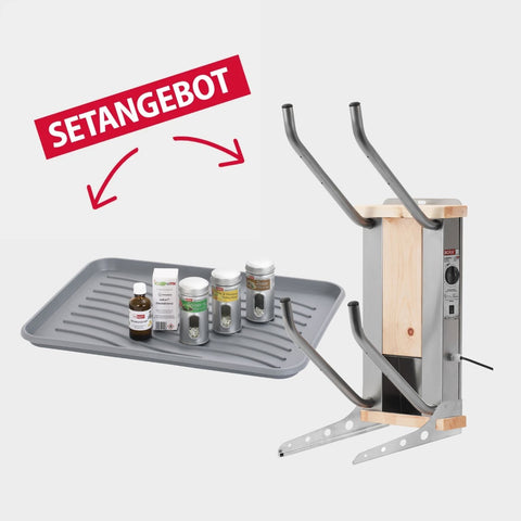 oskari BORA® 2 mit einer Abtropftasse, einem Desindistery und 3 Stück Aromadosen: Zeder, Zitrone-Mandarine, Grüner Tee - Elektrischer Schuhtrockner für 2 Paar Schuhe - OSKARI mit Warmluft für Stiefel, Schuhe, Skischuhe, Fußballschuhe