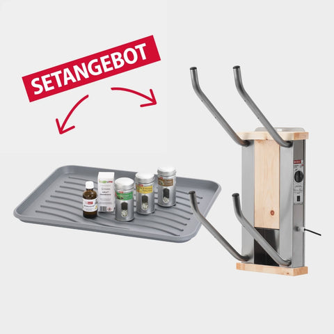 oskari BORA® 2 mit einer Abtropftasse, einem Desindistery und 3 Stück Aromadosen: Zeder, Zitrone-Mandarine, Grüner Tee - Elektrischer Schuhtrockner für 2 Paar Schuhe - OSKARI mit Warmluft für Stiefel, Schuhe, Skischuhe, Fußballschuhe